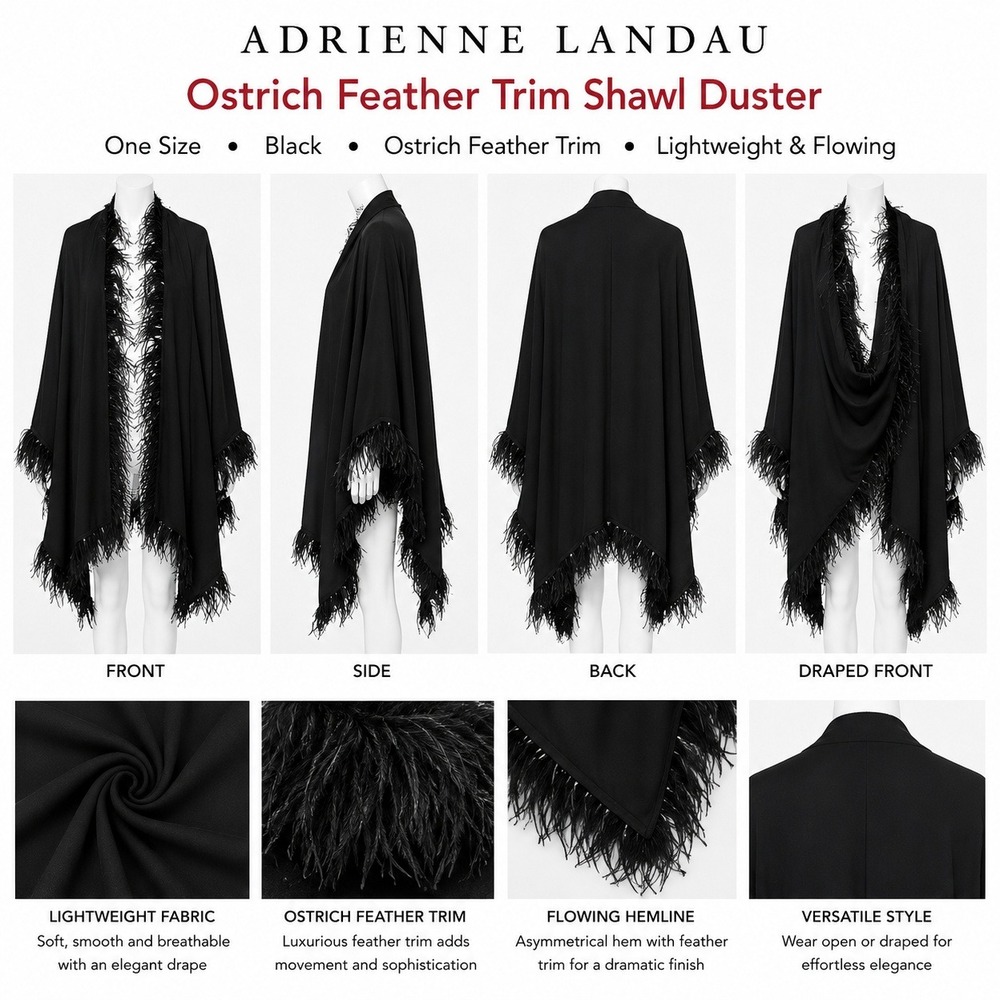 Adrienne Landau Black Ostrich Feather Trim Wrap Shawl Cape One Size Fits Most
